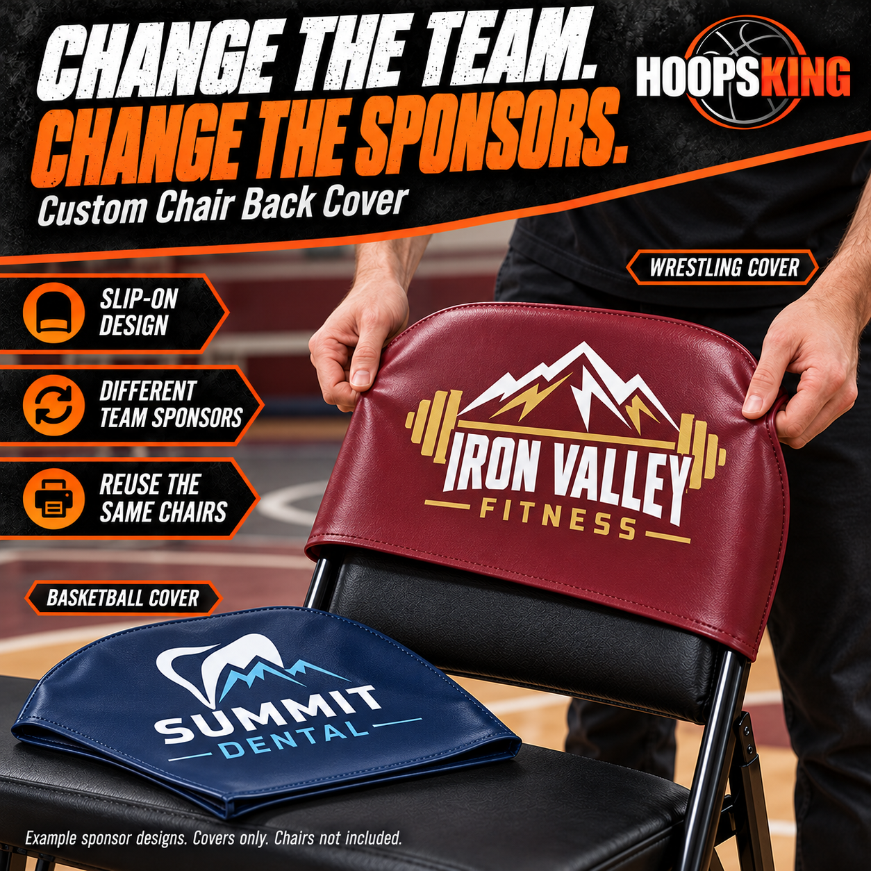 Staff member switching to an Iron Valley Fitness wrestling sponsor cover, with a separate Summit Dental basketball sponsor cover beside the same chair.