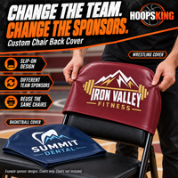 Thumbnail for Staff member switching to an Iron Valley Fitness wrestling sponsor cover, with a separate Summit Dental basketball sponsor cover beside the same chair.