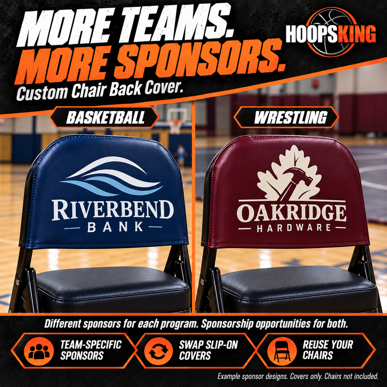 Identical chairs with Riverbend Bank basketball sponsor and Oakridge Hardware wrestling sponsor covers, illustrating separate sponsorship opportunities for both teams.