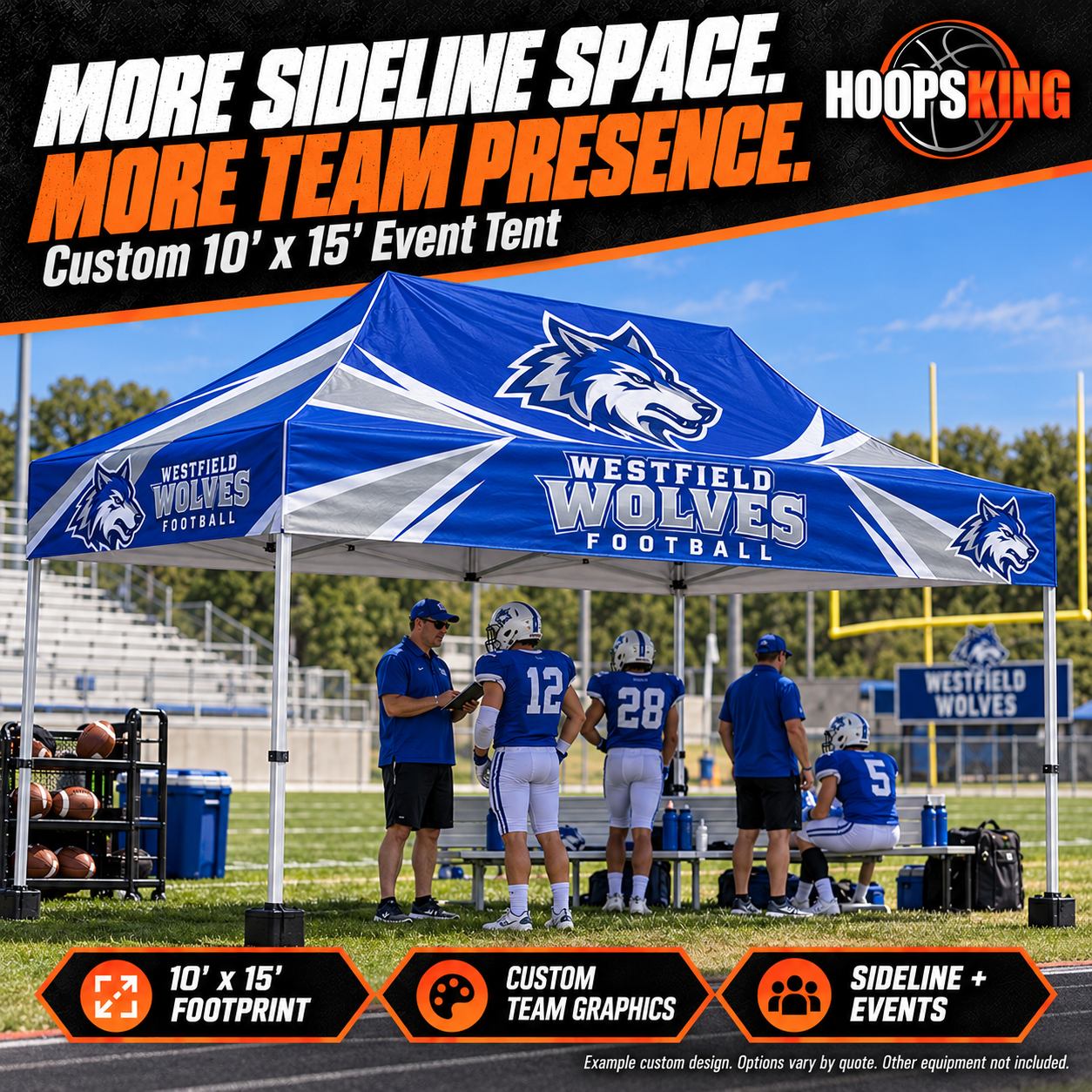 Westfield Wolves football players and coaches using a royal blue 10-by-15-foot sideline tent.