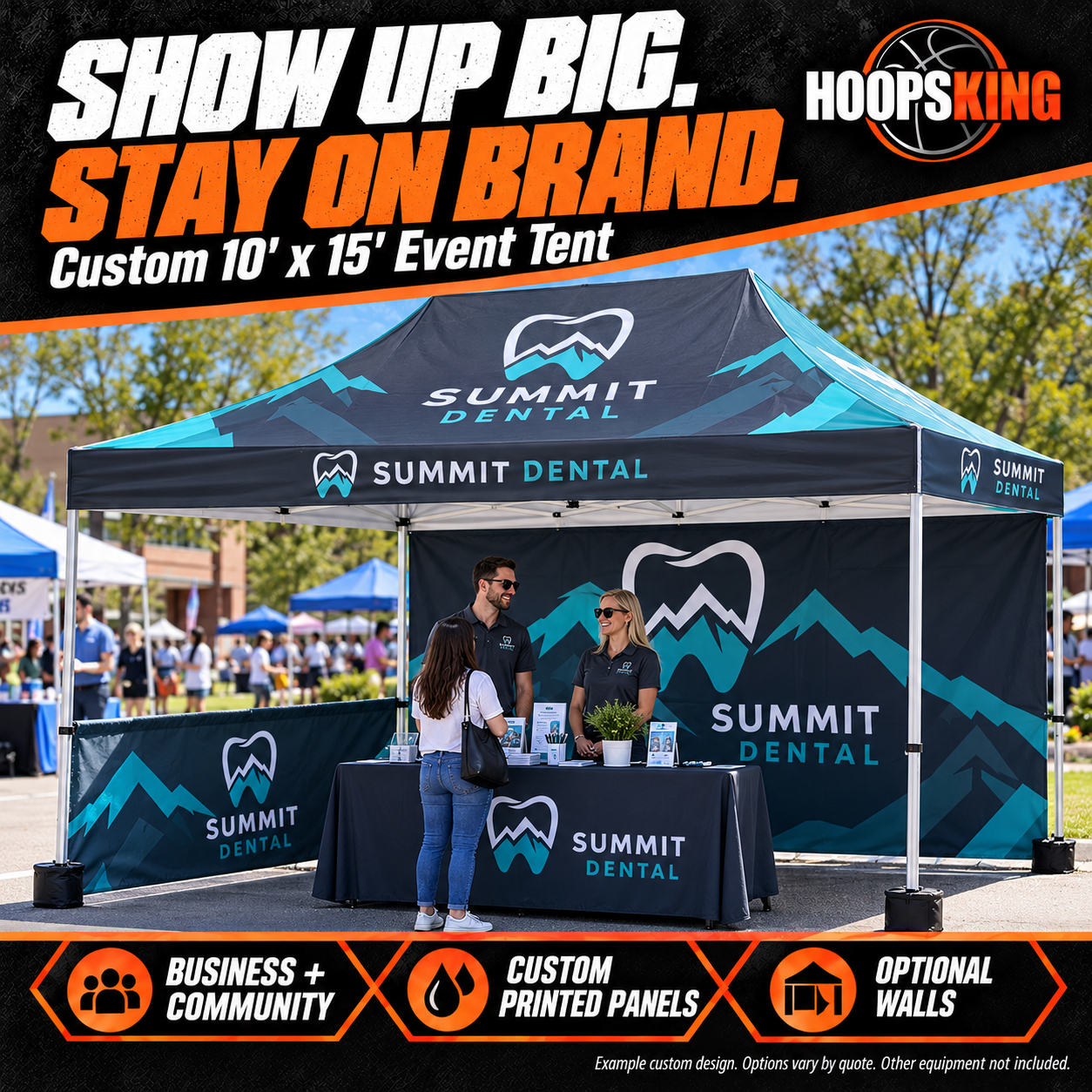 Summit Dental 10-by-15-foot tent at a community fair, with coordinated custom printing and optional walls.