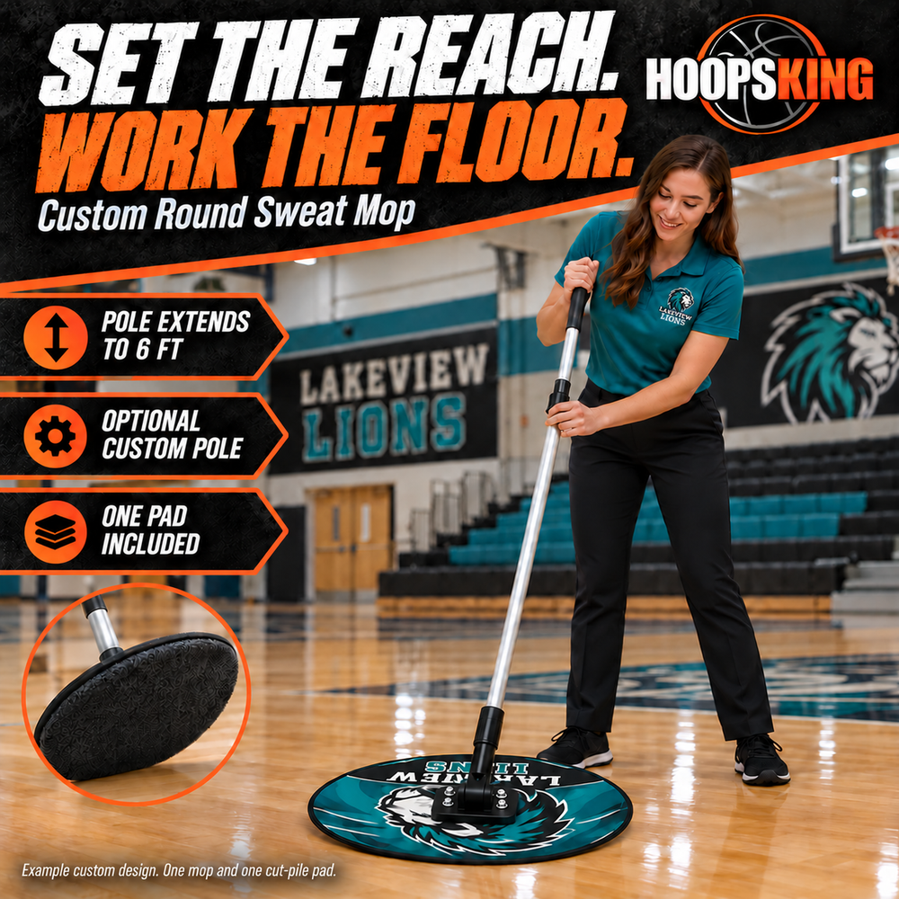 Custom round sweat mop with its silver telescoping pole attached to the center of the base.