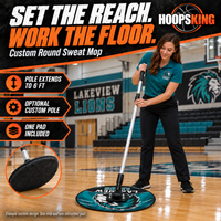 Thumbnail for Staff member adjusting a silver telescoping pole on a teal Lakeview Lions round mop; microfiber underside shown in inset.