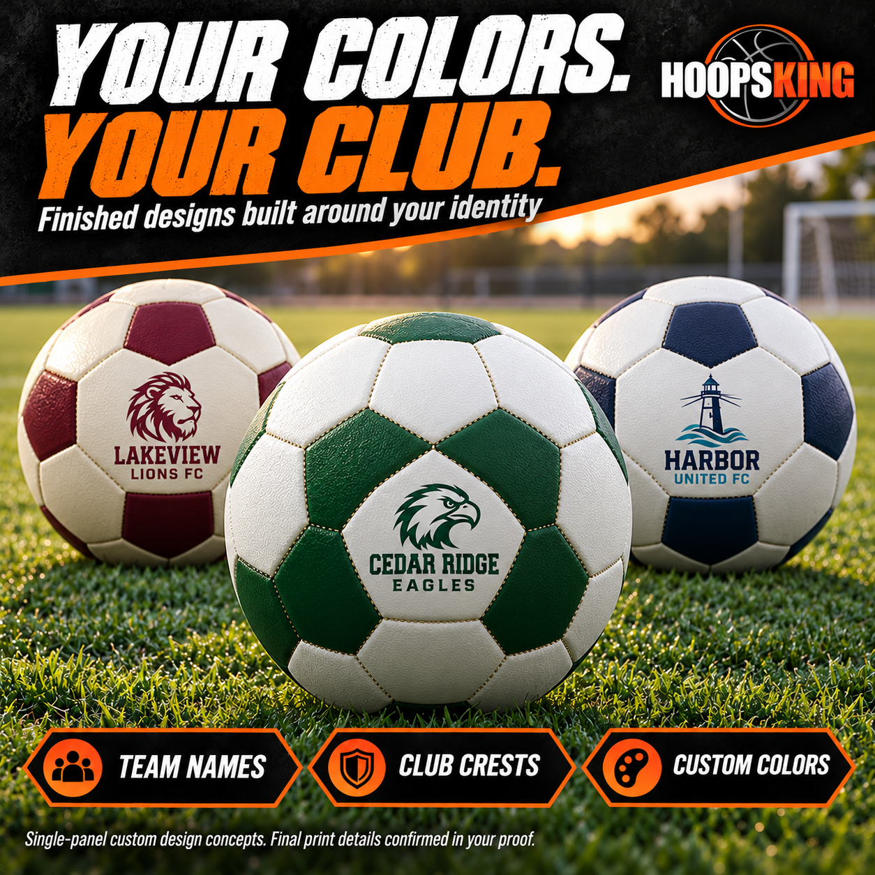 Three custom soccer ball examples with small eagle, lion and lighthouse crests within individual sewn panels.