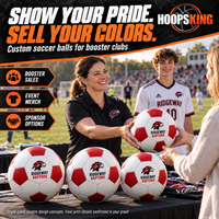 Thumbnail for Red and white Ridgeway Raptors soccer balls with single-panel team artwork at a school booster merchandise stand.