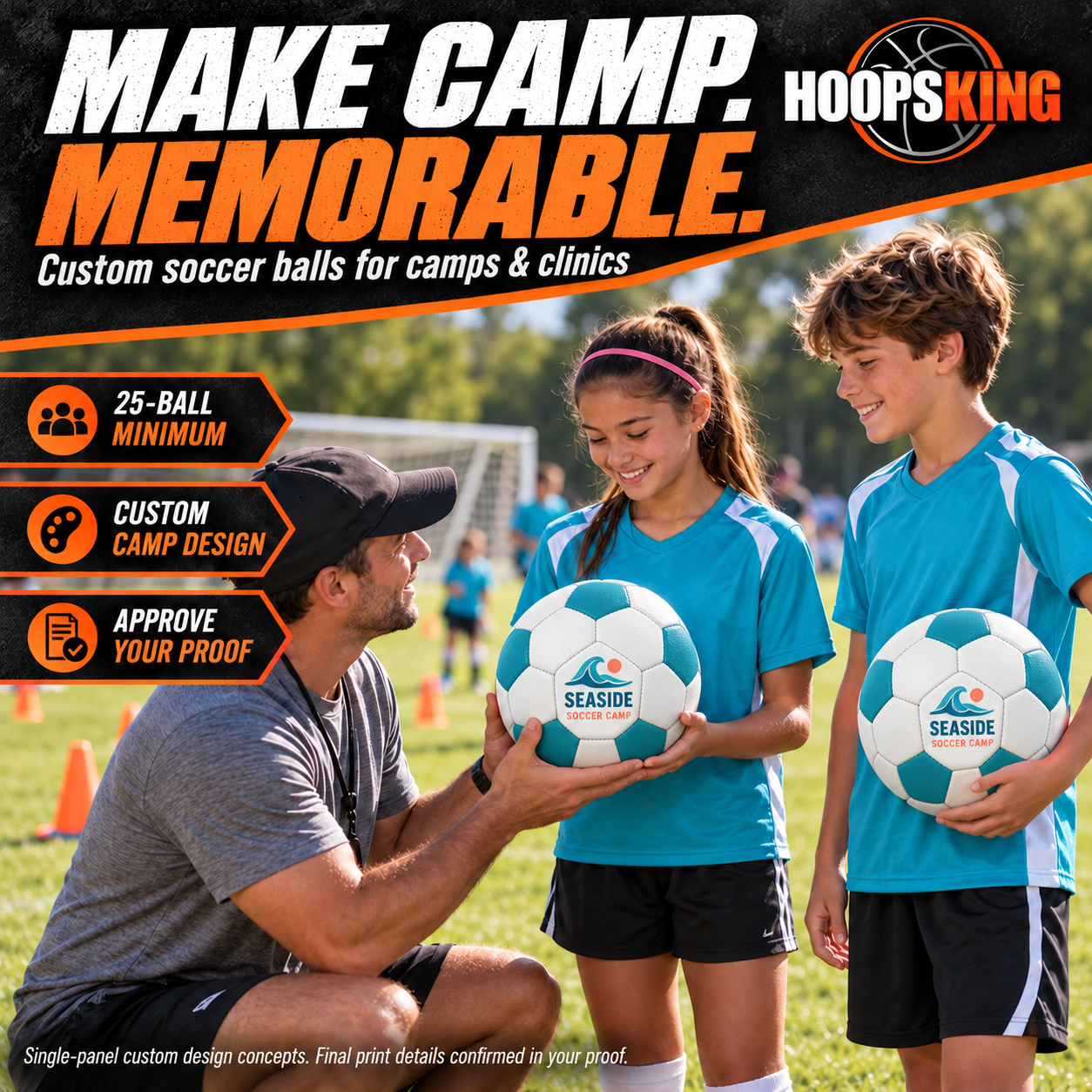 Coach giving a turquoise and white Seaside Soccer Camp ball with compact single-panel artwork to a young player.