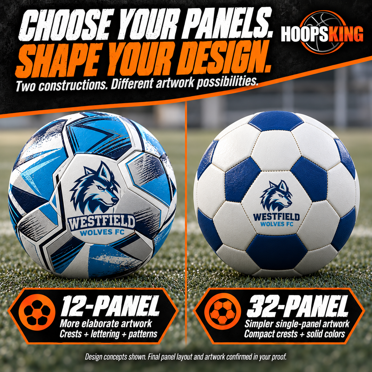 Side-by-side soccer ball concepts: a 12-panel ball with elaborate team graphics and a classic 32-panel ball with a compact crest inside one panel.