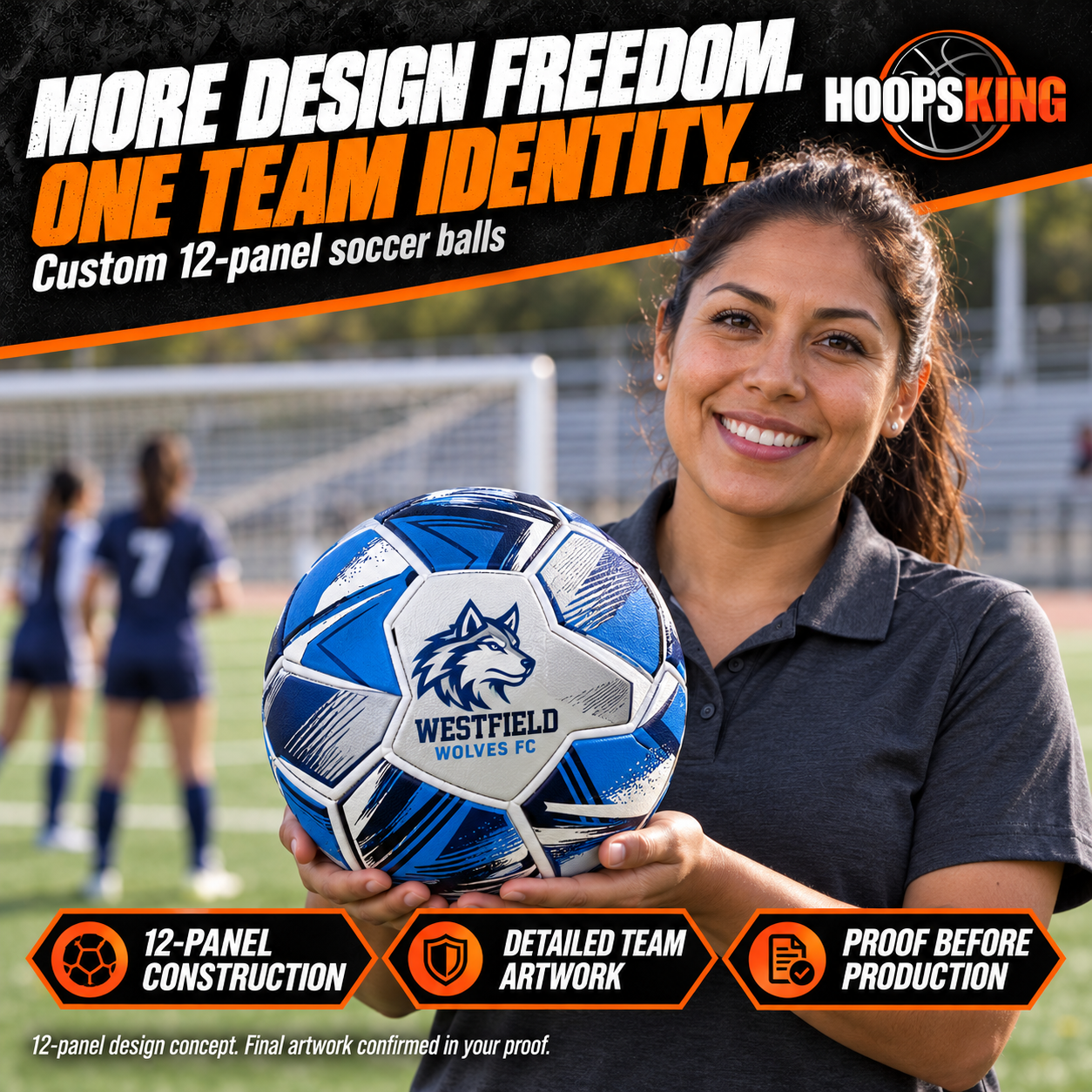 Coach holding a royal blue 12-panel Westfield Wolves FC soccer ball with detailed crest, lettering and patterned panel artwork at a school soccer field.