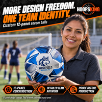 Thumbnail for Coach holding a royal blue 12-panel Westfield Wolves FC soccer ball with detailed crest, lettering and patterned panel artwork at a school soccer field.