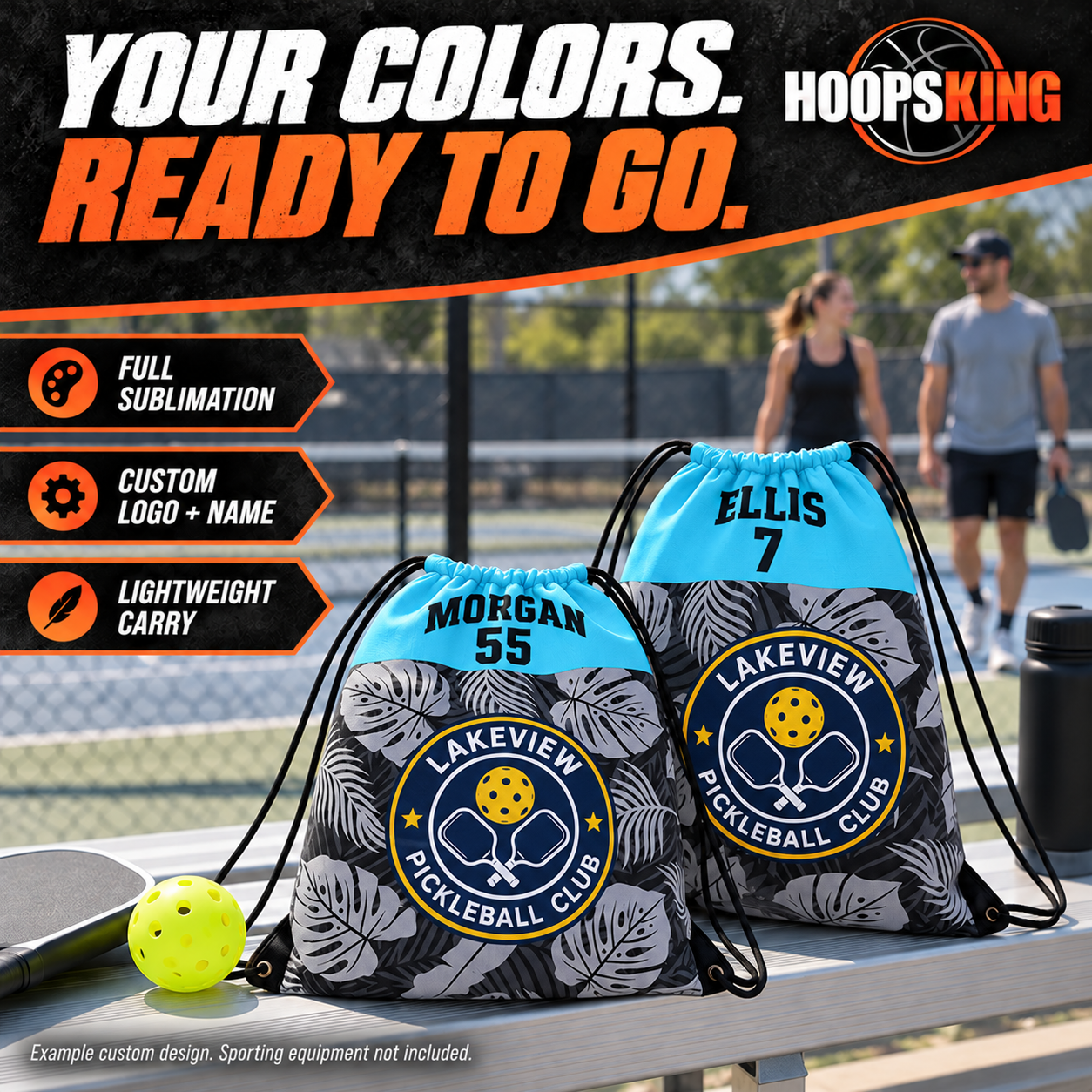 Lightweight custom drawstring bags use full sublimation for team colors, logos and names. Example team design: Lakeview Pickleball Club.
