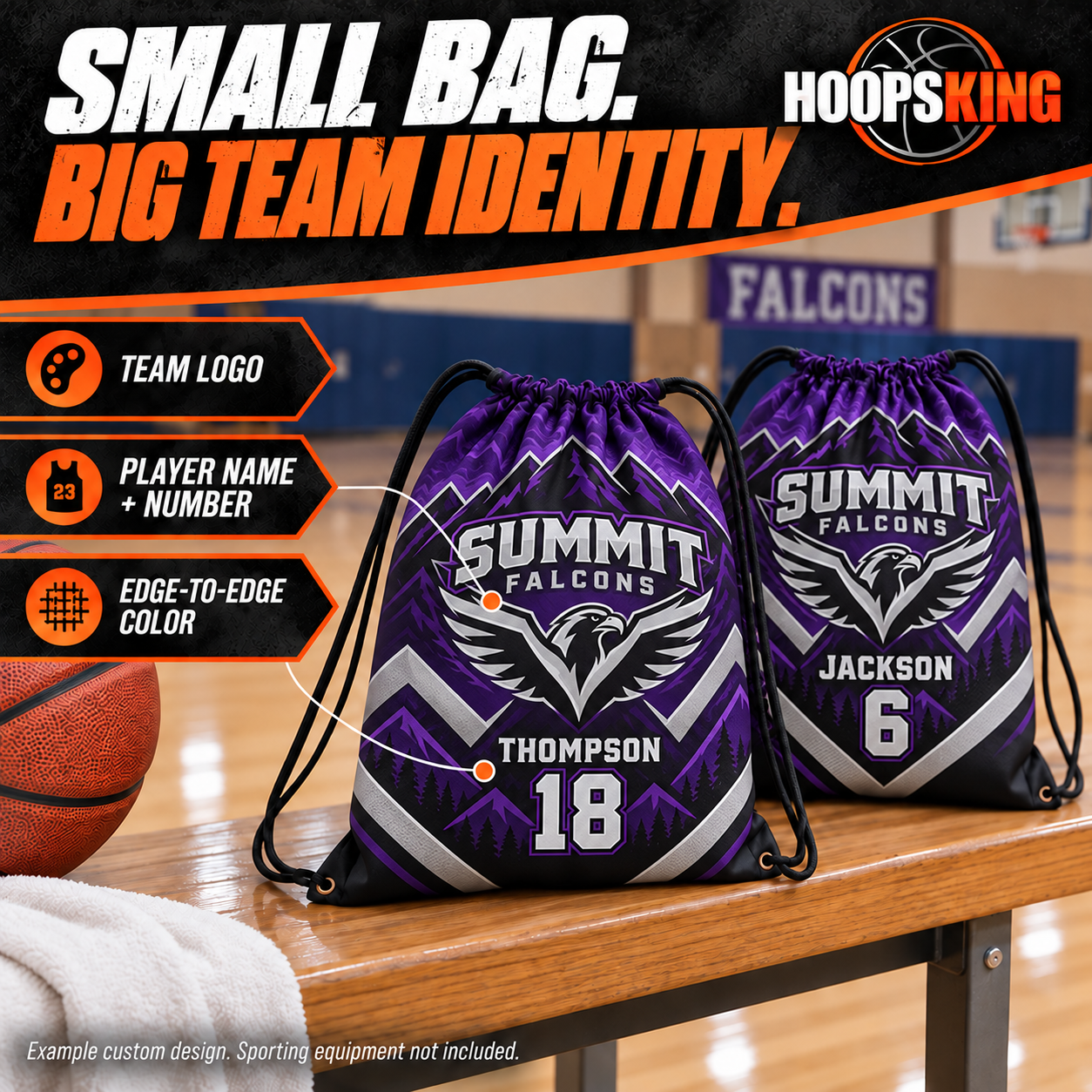 Personalize the drawstring bag with team artwork, player name and number. Example custom design: Summit Falcons Track in purple, silver and black.