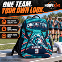 Thumbnail for Fully sublimated sports backpack with custom logo and player name, designed online in 3D. Example custom design: Coastal Tide Volleyball in teal, coral and navy.