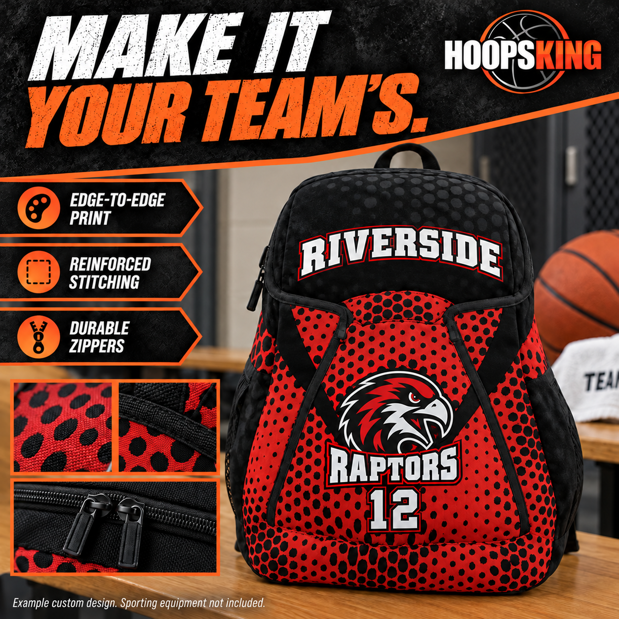 Sublimated sports backpacks feature custom team colors and names, reinforced stitching, and durable zippers. Example team design: Riverside Raptors.