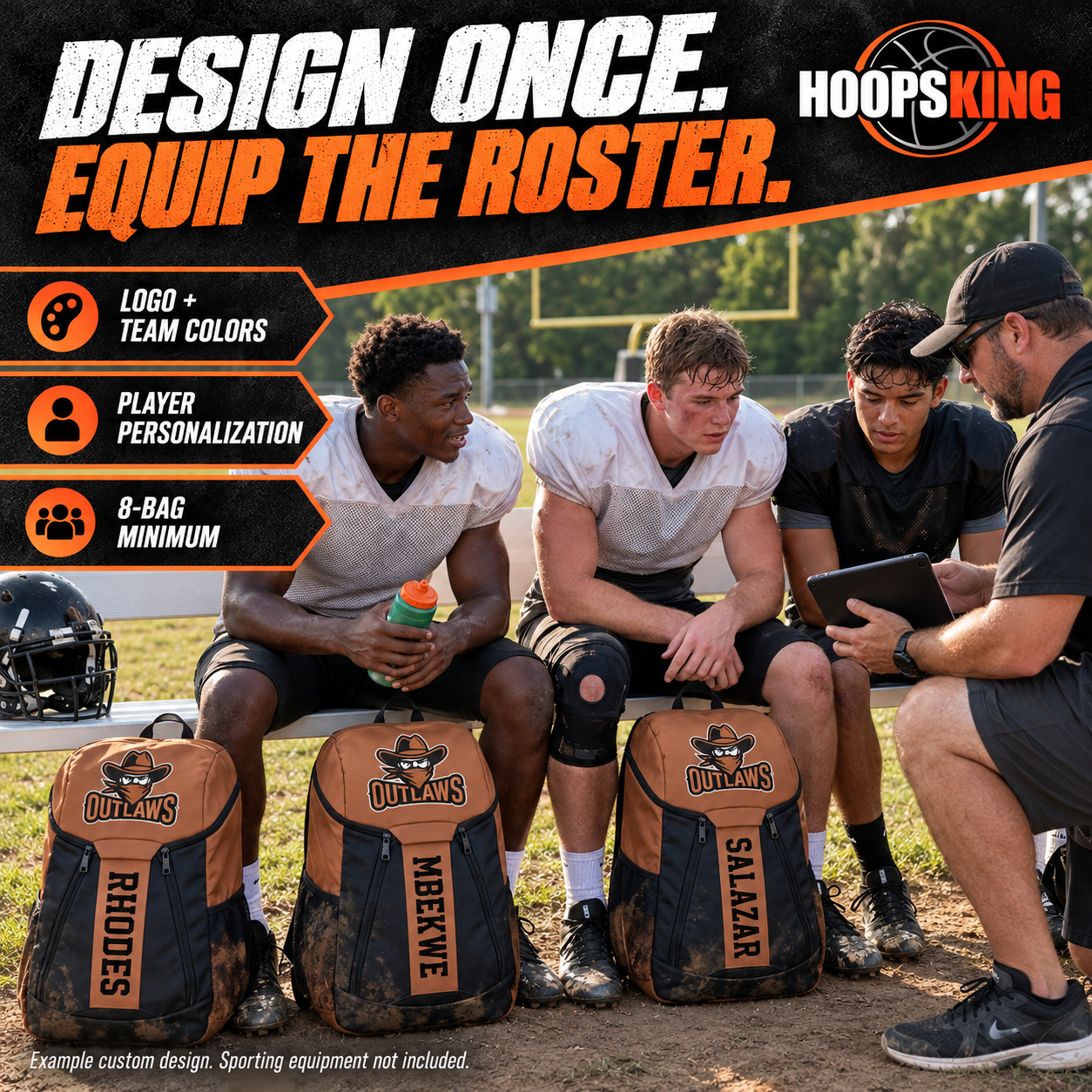 Create one backpack design for football, soccer, volleyball and other teams, then add individual player names. Minimum order is eight bags.