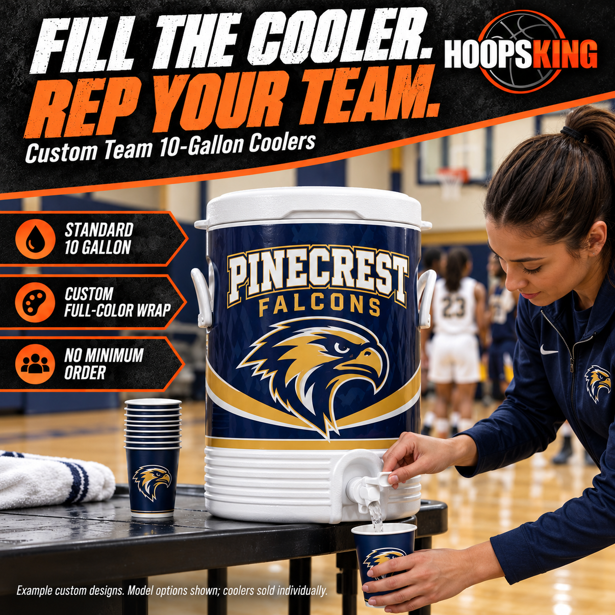 Coach filling a cup from a Pinecrest Falcons Standard10-gallon custom cooler.