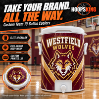 Thumbnail for Westfield Wolves Elite10-gallon cooler with full-height body wrap, a wider rectangular opening around the bottom spout, and custom printed lid inset.