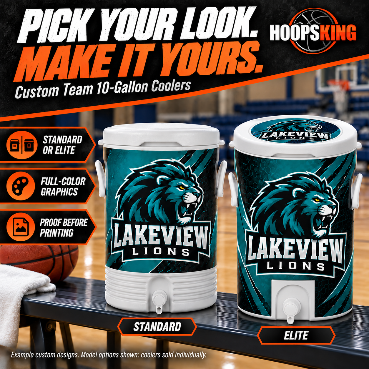 Lakeview Lions Standard and Elite10-gallon custom coolers compared; Elite wrap leaves a broad rectangular white opening around the spout.