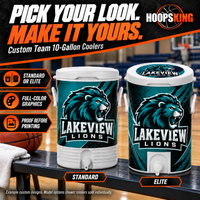 Thumbnail for Lakeview Lions Standard and Elite10-gallon custom coolers compared; Elite wrap leaves a broad rectangular white opening around the spout.