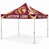 Custom 10 by 10 foot event tent with burgundy Lakeview Lions track and field branding, shown as an open canopy on white.