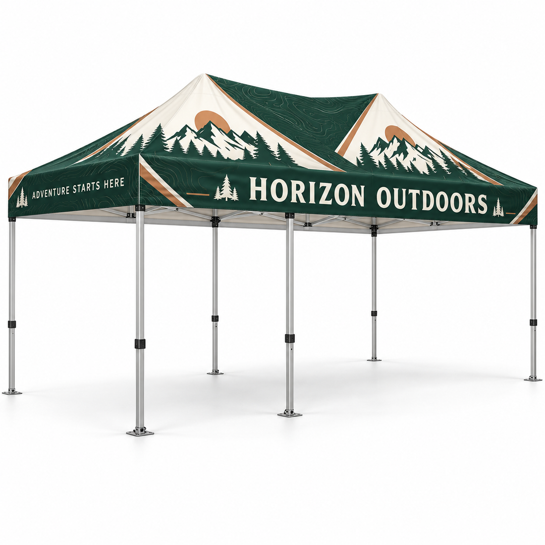 Custom 10 by 20 foot event tent with forest green Horizon Outdoors business branding, shown as an open canopy on white.