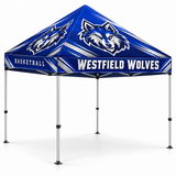 Custom 5 by 5 foot event tent with royal blue Westfield Wolves basketball branding, shown as an open canopy on white.