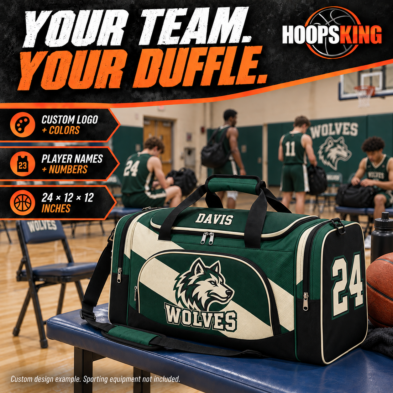 Custom duffle bag with team logo, player names and numbers; dimensions are 24 by 12 by 12 inches. Example custom design: Westhaven Wolves in forest green, cream and black.