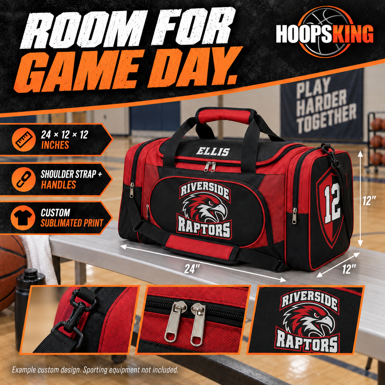 Custom duffle bag measures 24 inches long by 12 inches wide by 12 inches tall, with handles and a shoulder strap. Example team design: Riverside Raptors.