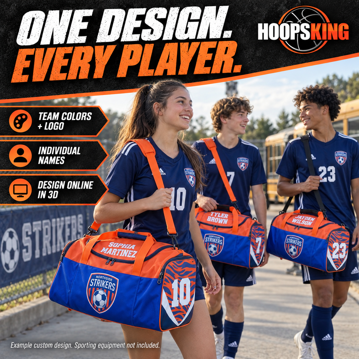 Design a team duffle once, then personalize bags with each player's name and number.