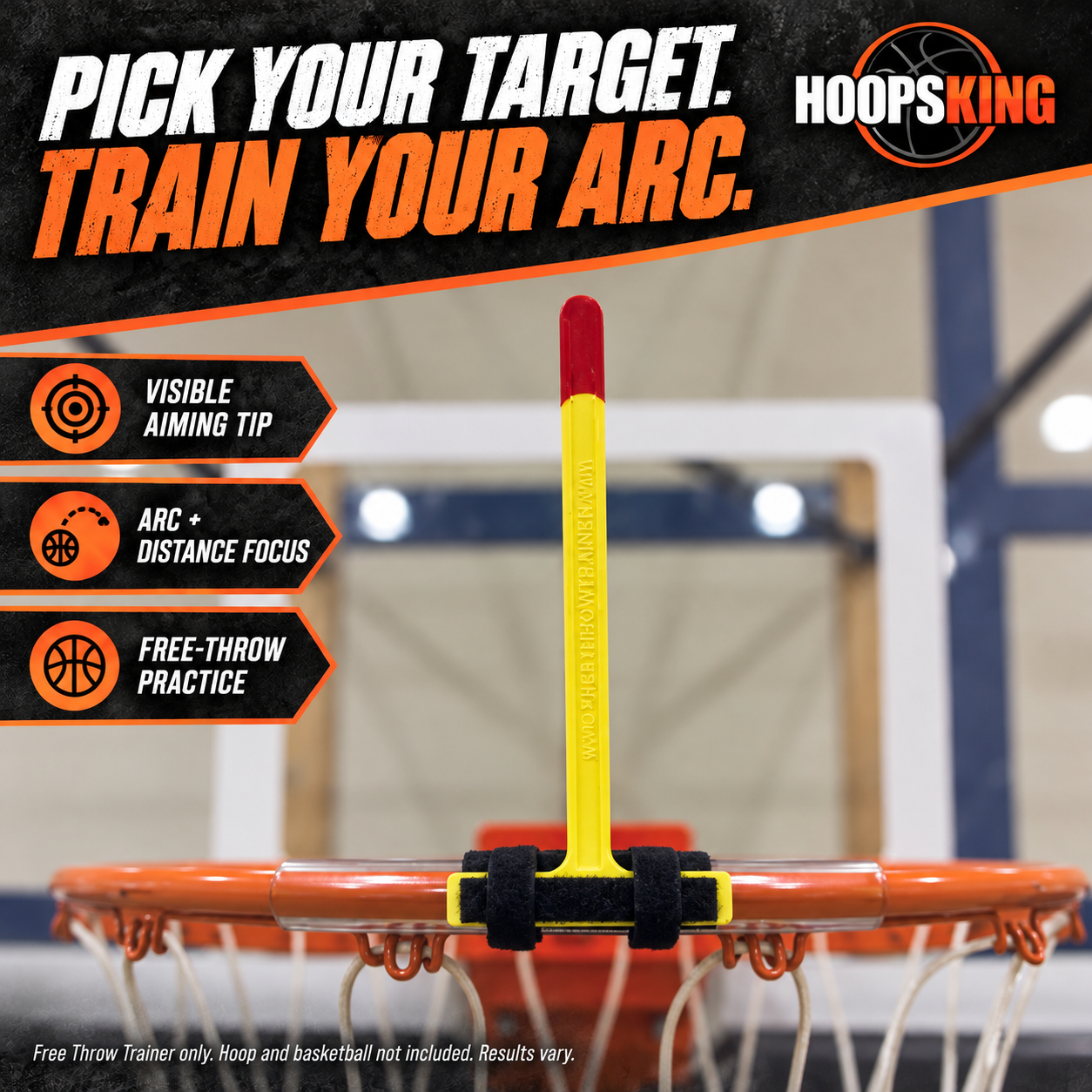 The Free Throw Trainer provides a visible tip to focus arc and distance during free-throw practice.