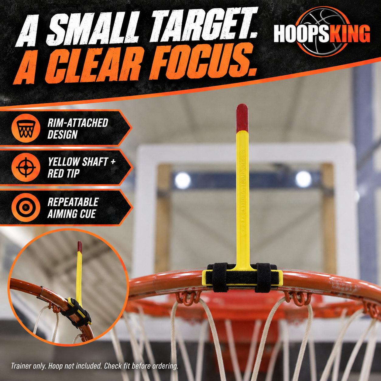 A close-up of the Free Throw Trainer's actual rim attachment and visible red aiming tip.