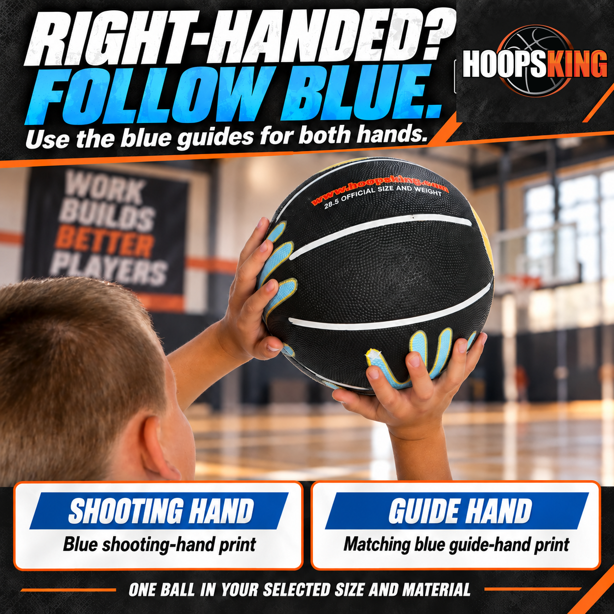 Right-handed player using the blue shooting-hand and matching blue guide-hand prints on the Hands On Shooter