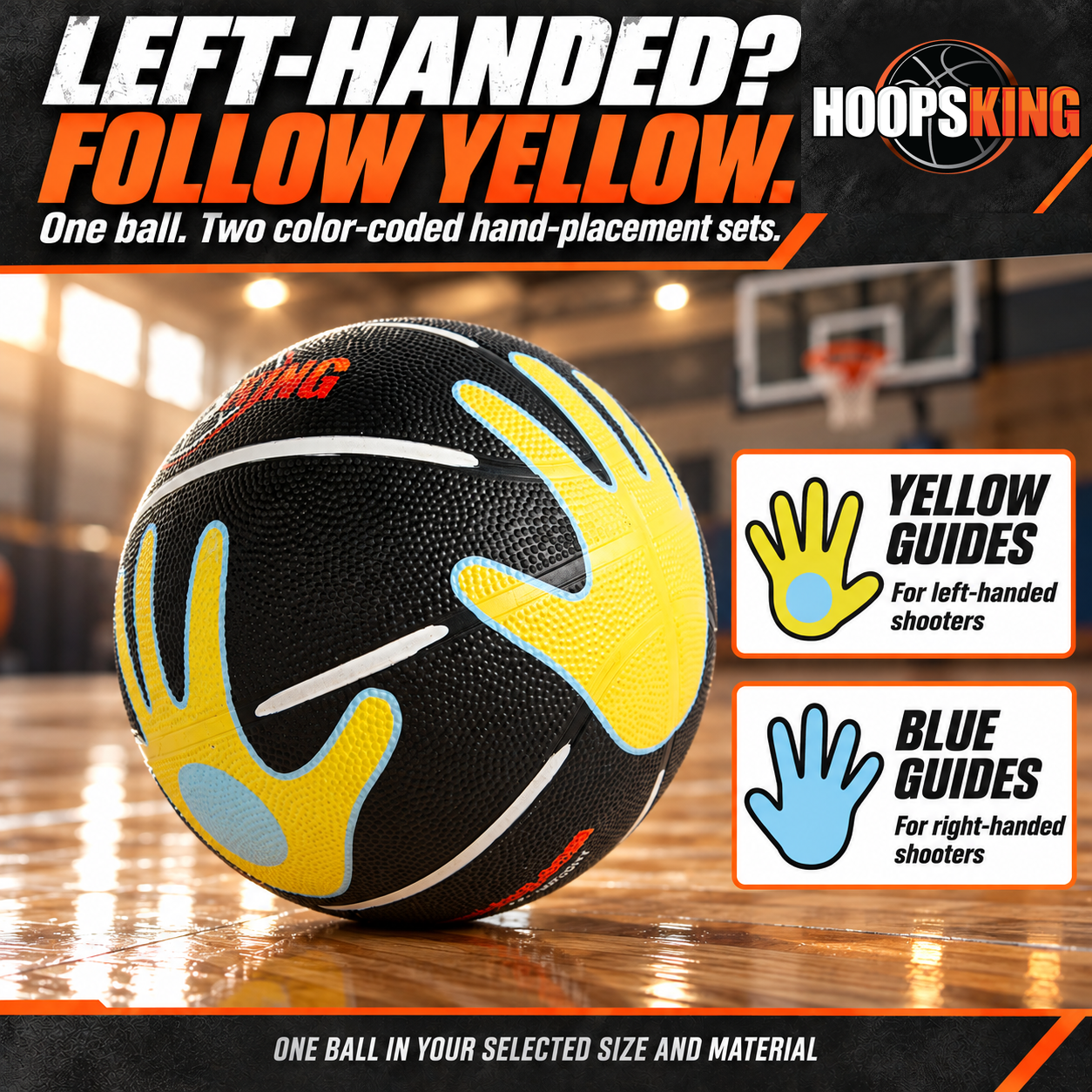 Yellow Hands On Shooter hand prints for left-handed shooting; each ball has both left and right color-coded sets