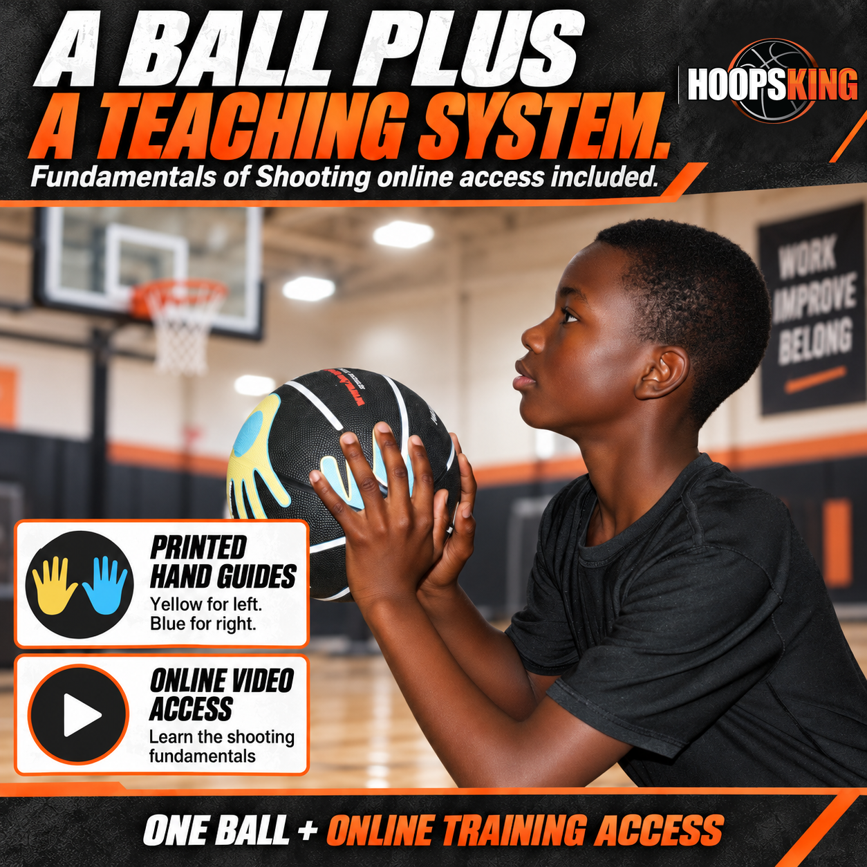 Hands On Shooter includes Fundamentals of Shooting online video access; yellow for left-handed and blue for right-handed shooters