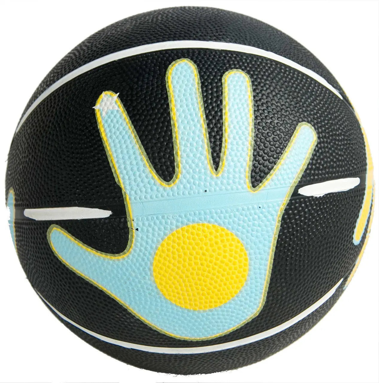 HoopsKing Hands On Shooter rubber basketball with blue right-handed hand-placement guide on white