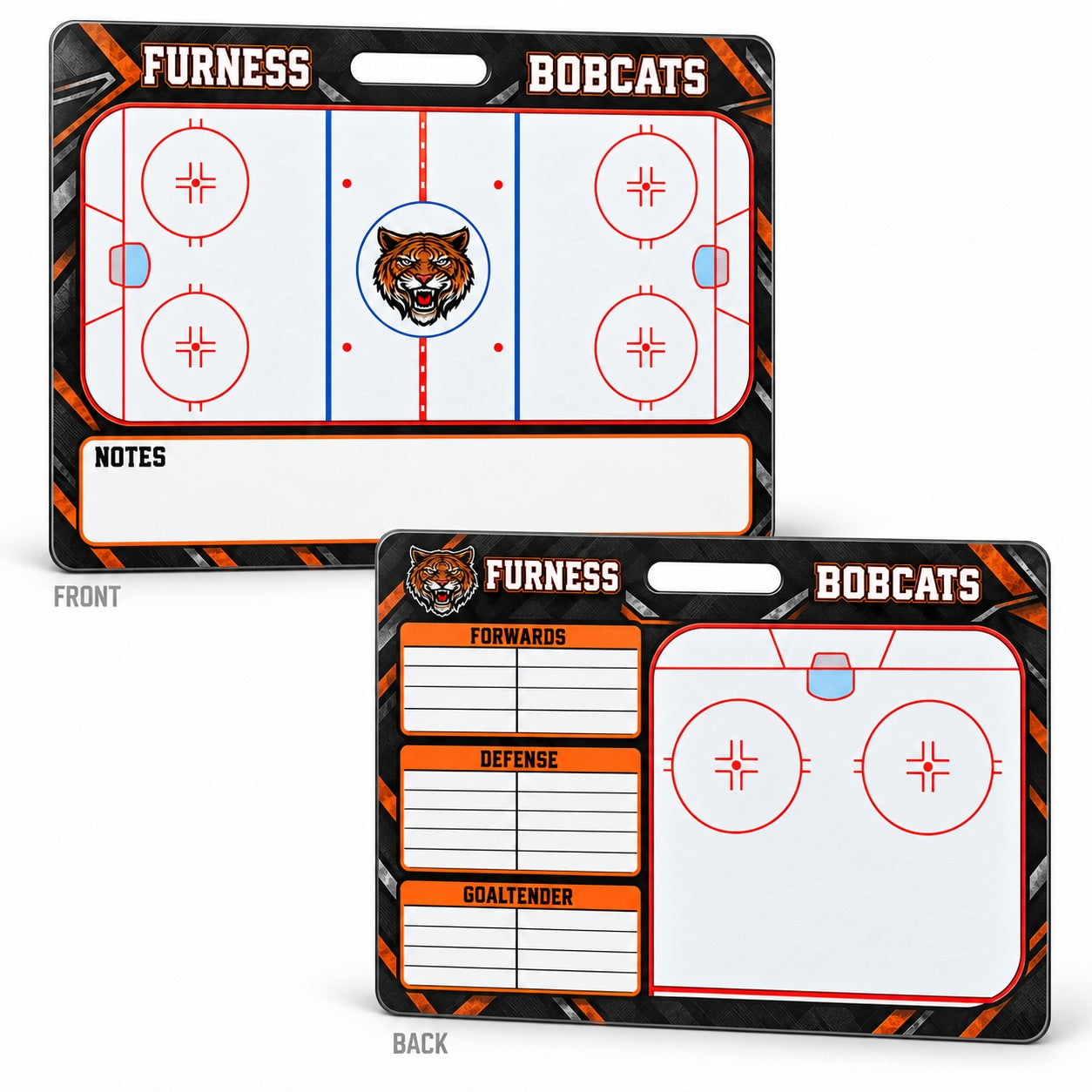 Furness Bobcats custom 23 by 18 inch hockey carry board showing full-rink front and half-rink back with lineup tables.