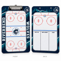 Thumbnail for Riverbend Wolves custom two-sided hockey clipboard showing the full-rink front and half-rink back with notes columns.