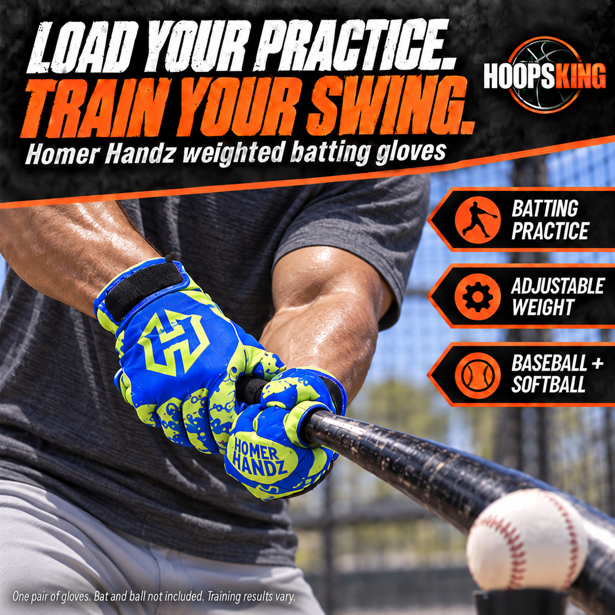 Close-up of blue and lime Homer Handz weighted gloves gripping a bat, with charcoal clothing and the player’s head outside the frame.