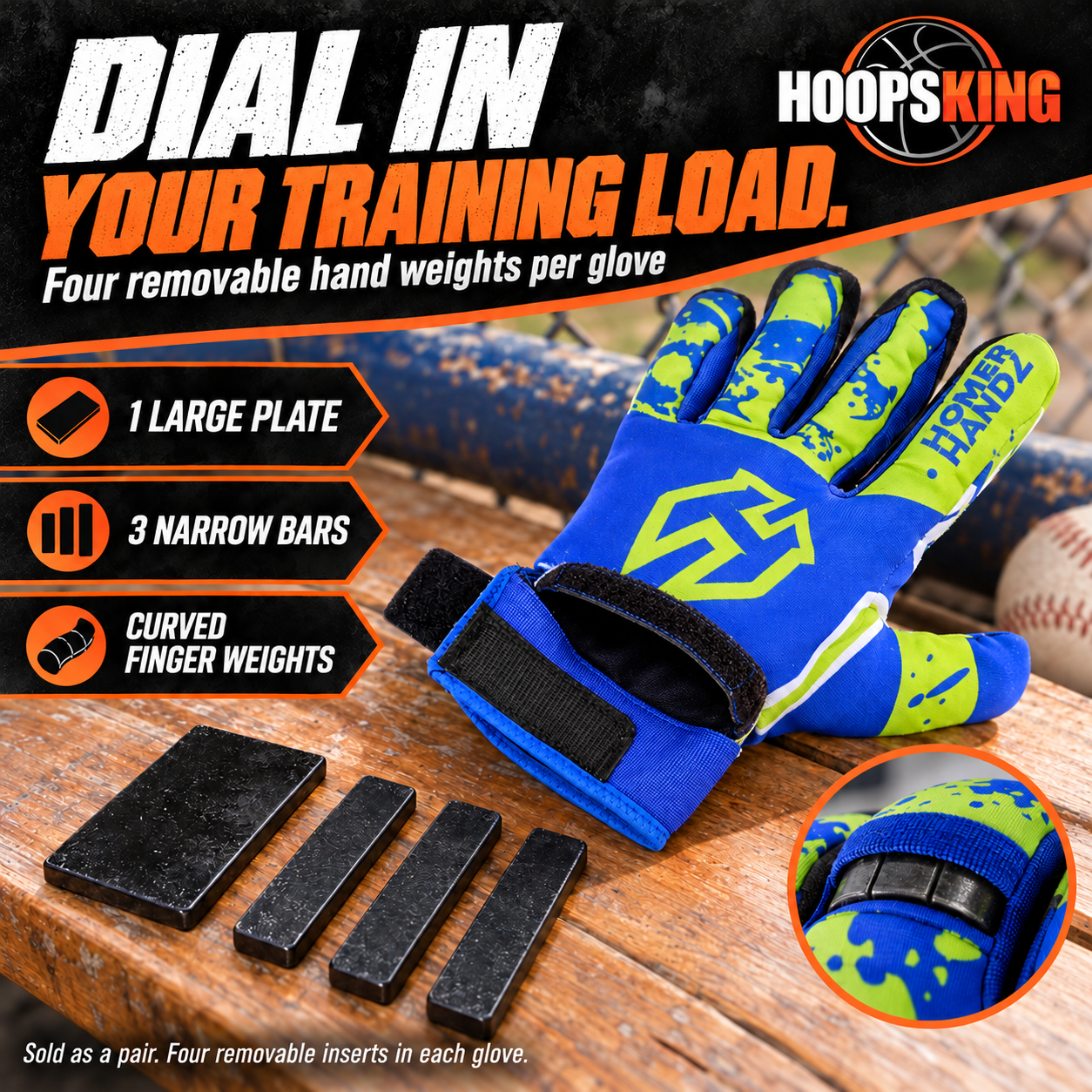 Homer Handz glove with its weight pocket opened, one large plate and three bars, and curved finger-weight construction.