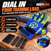 Thumbnail for Homer Handz glove with its weight pocket opened, one large plate and three bars, and curved finger-weight construction.