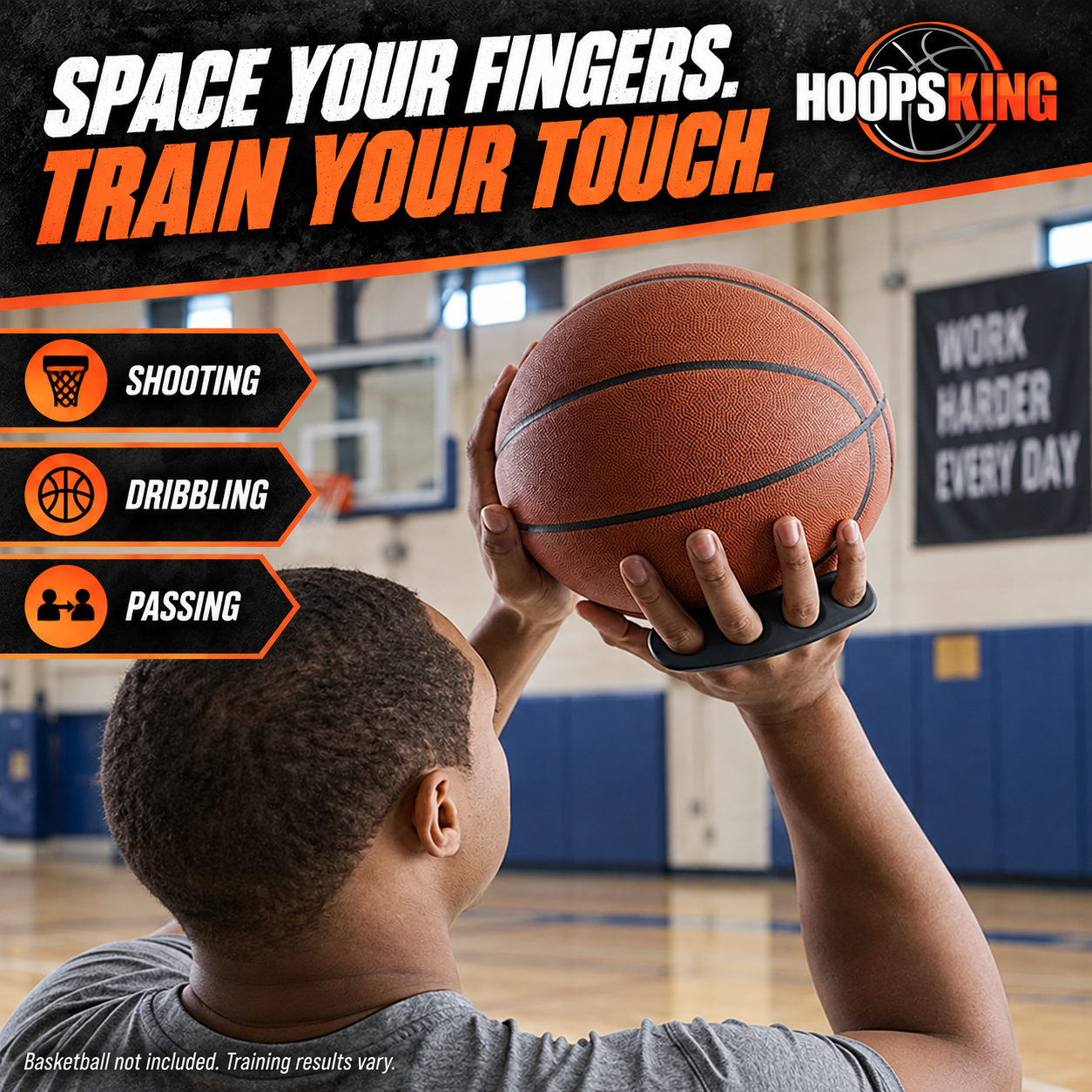 Hot Shot maintains finger spacing during shooting, dribbling and passing workouts.