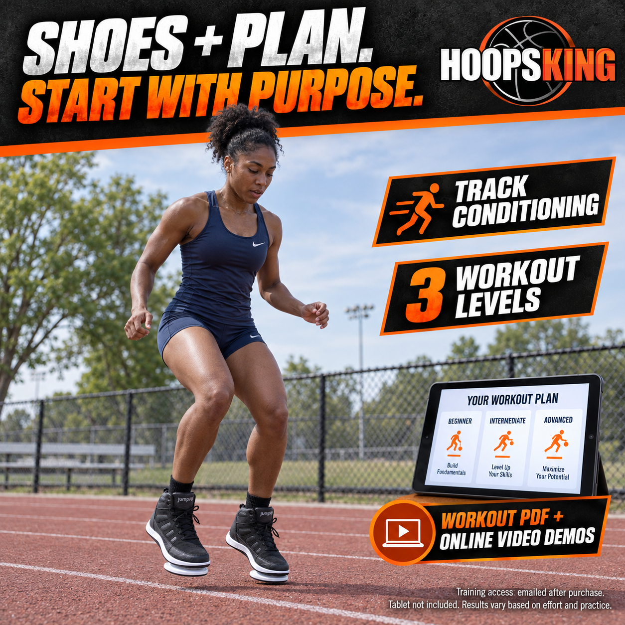 Jump99 shoes used by a female track athlete for controlled plyometric conditioning; emailed workout PDF and video demonstrations included, tablet not included