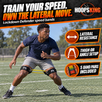Thumbnail for Football athlete doing lateral footwork with Lockdown Defender thigh cuffs and one resistance band in front and one behind the legs