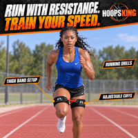 Thumbnail for Female track athlete running toward the camera with Lockdown Defender thigh cuffs, one red band in front and one behind the legs