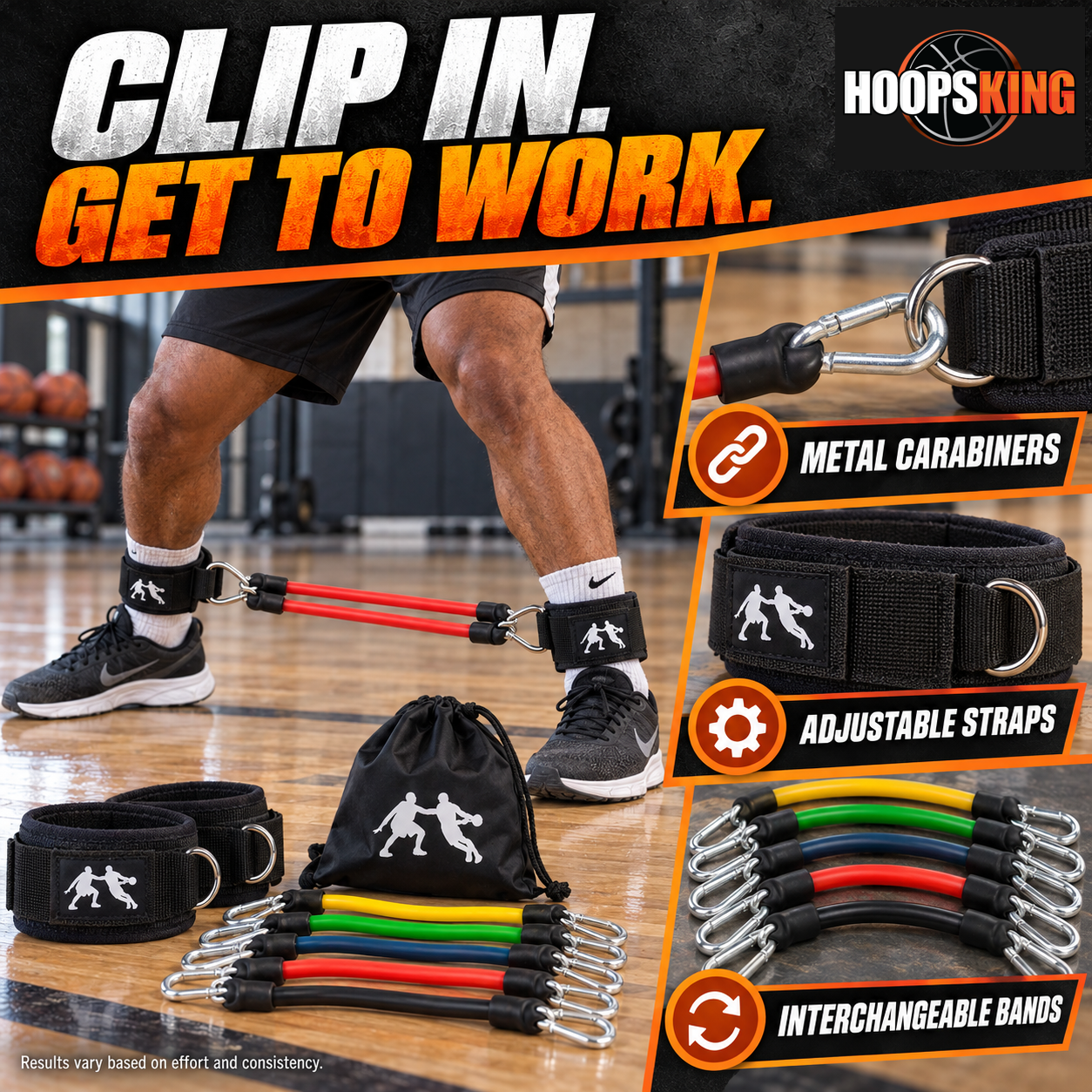 Lockdown Defender metal carabiners, adjustable cuffs and interchangeable resistance band pairs