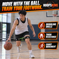 Thumbnail for Basketball athlete dribbling with Lockdown Defender thigh cuffs and one green resistance band in front and one behind the legs
