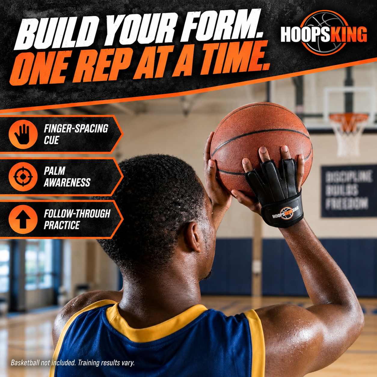 Perfect Jump Shot Glove goes on the shooting hand to provide finger-spacing, palm and follow-through cues.