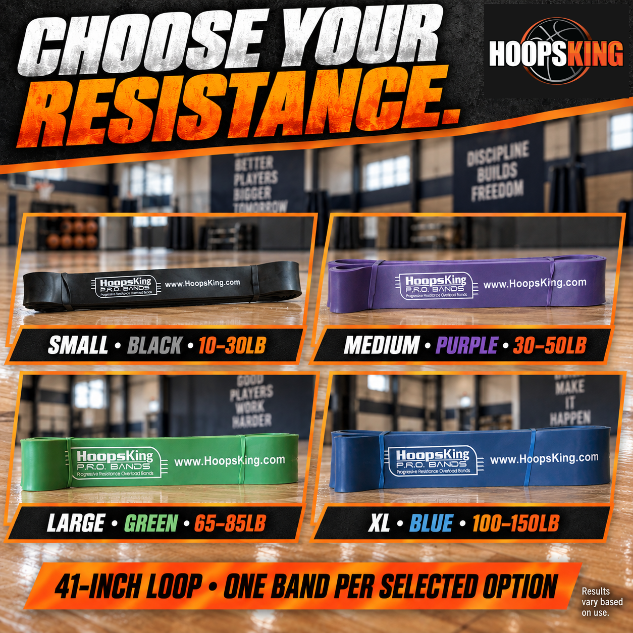 P.R.O. Band resistance options: black 10–30, purple 30–50, green 65–85 and blue 100–150 pounds; one 41-inch loop band per option