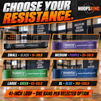 Thumbnail for P.R.O. Band resistance options: black 10–30, purple 30–50, green 65–85 and blue 100–150 pounds; one 41-inch loop band per option