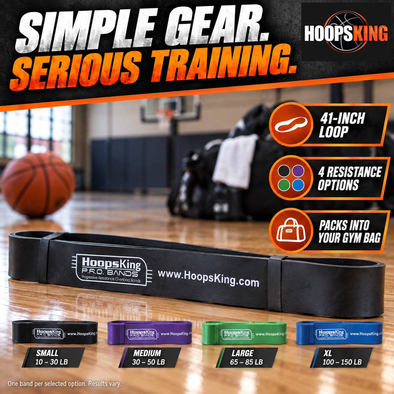 Close-up of the 41-inch P.R.O. Band flat loop construction and original HoopsKing printing