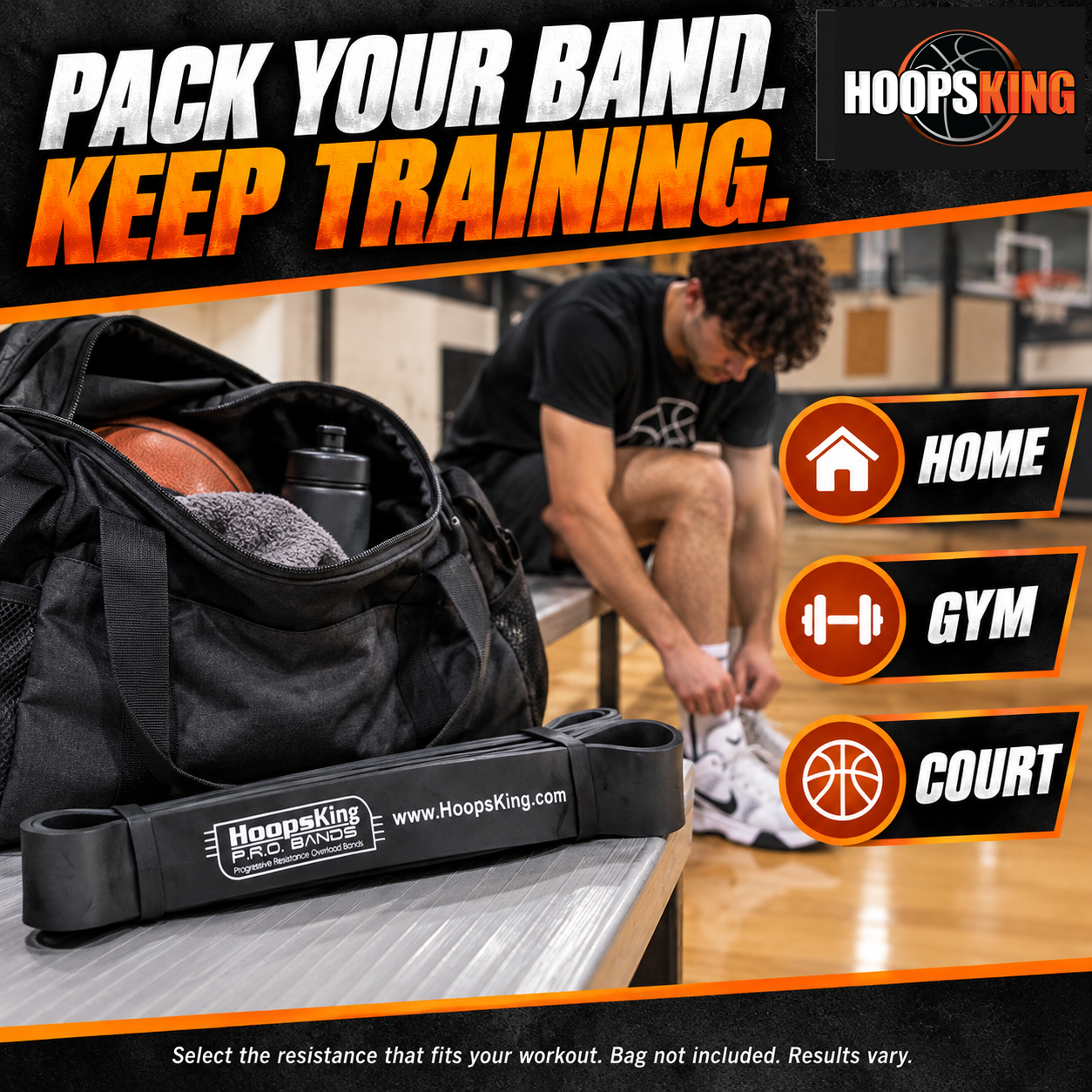One portable P.R.O. resistance band for home, gym and court training; bag not included